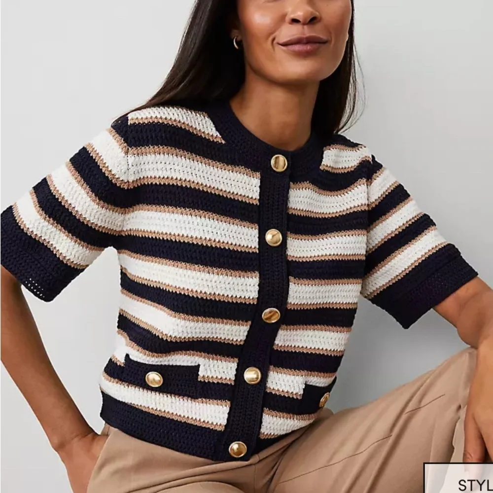 Striped Navy and Cream Button-Up Sweater - Picture 2 of 6